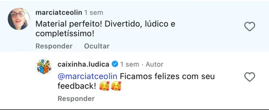 Print de comentário no Instagram: material perfeito, divertido, lúdico e completíssimo