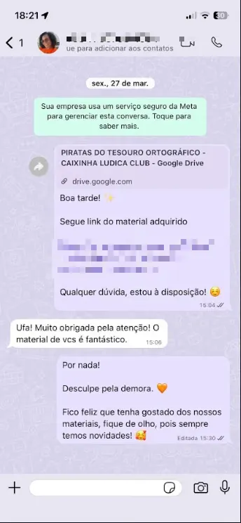 Print de WhatsApp: professora agradece e elogia o material da Caixinha