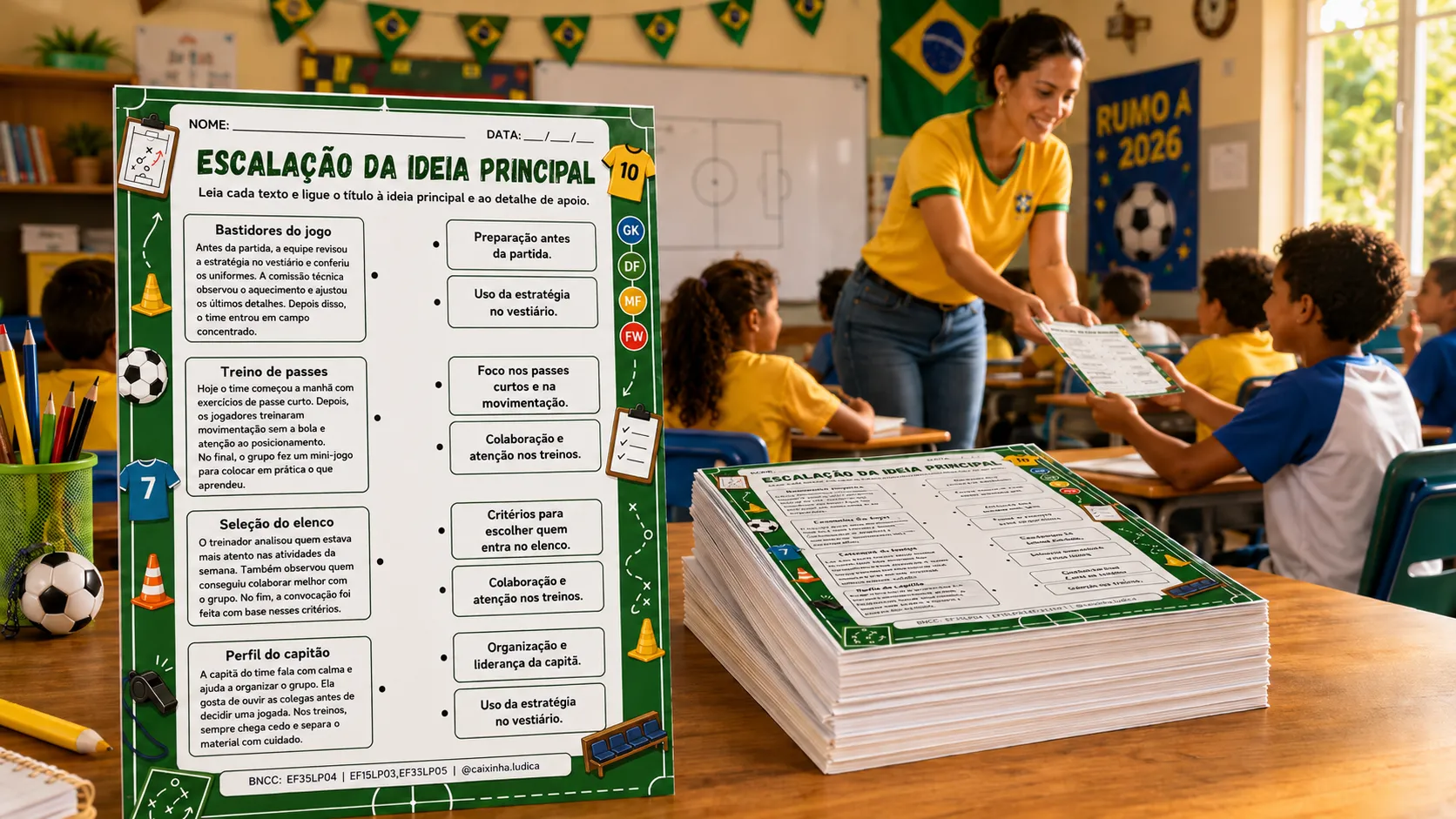 Atividade 'Escalação da Ideia Principal' impressa, aplicada por uma professora em sala de aula