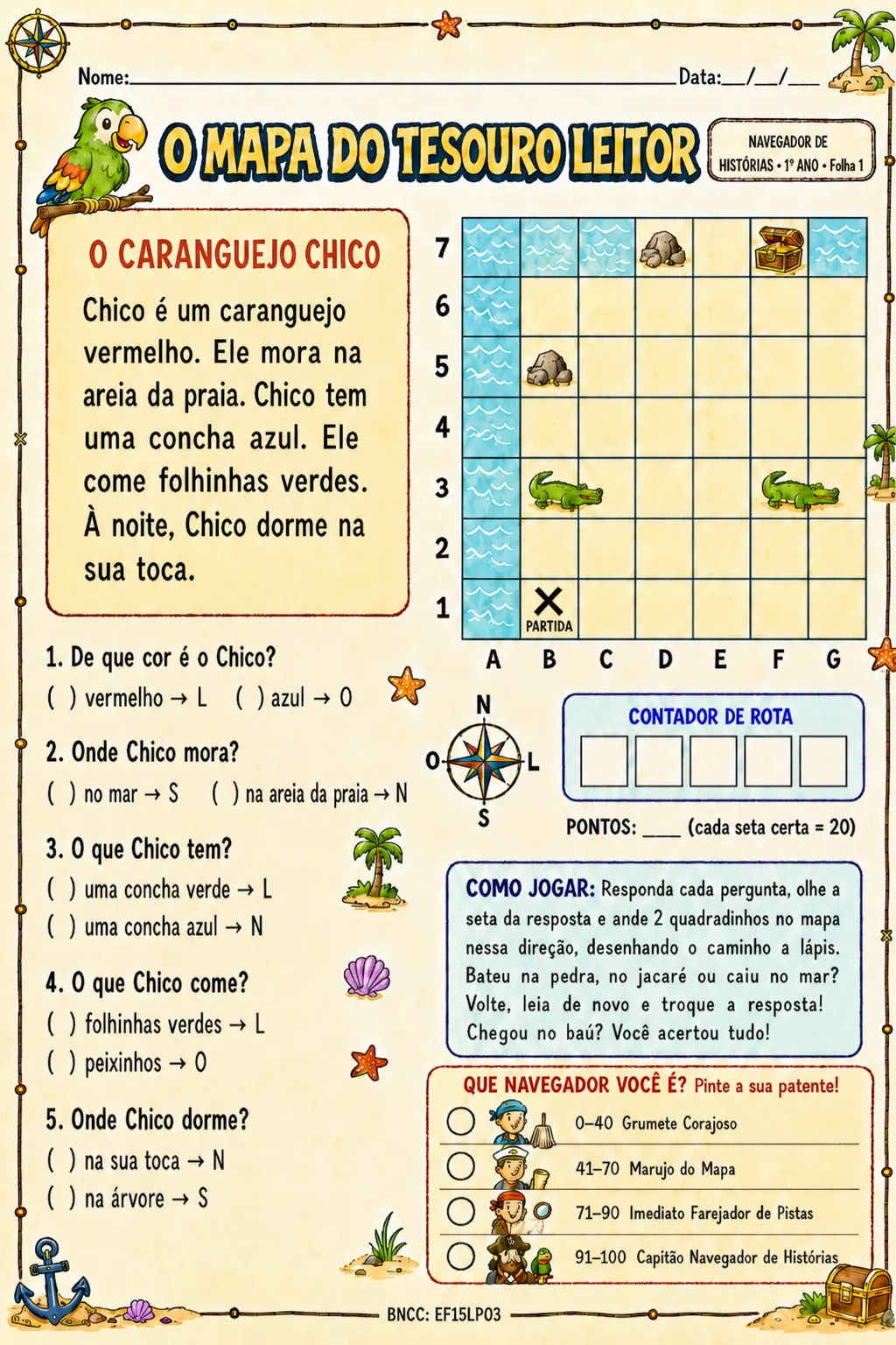 Folha do jogo Mapa do Tesouro Leitor (1º ano)