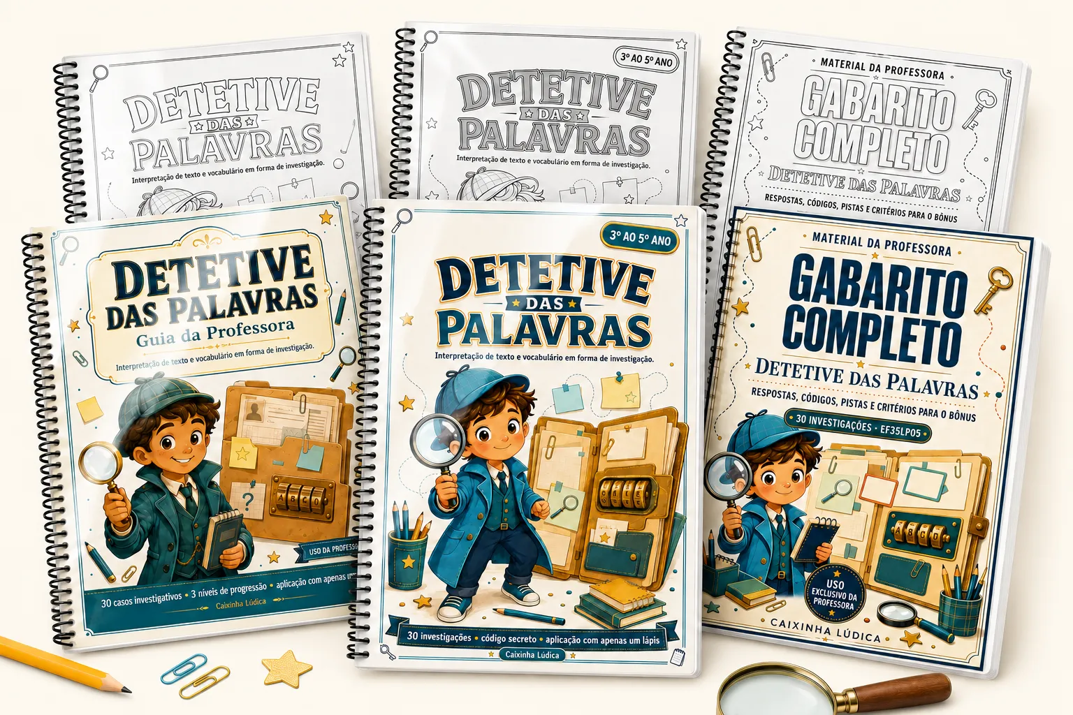 Cadernos do Detetive das Palavras: investigações, Guia da Professora e Gabarito Completo, nas versões colorida e em preto e branco
