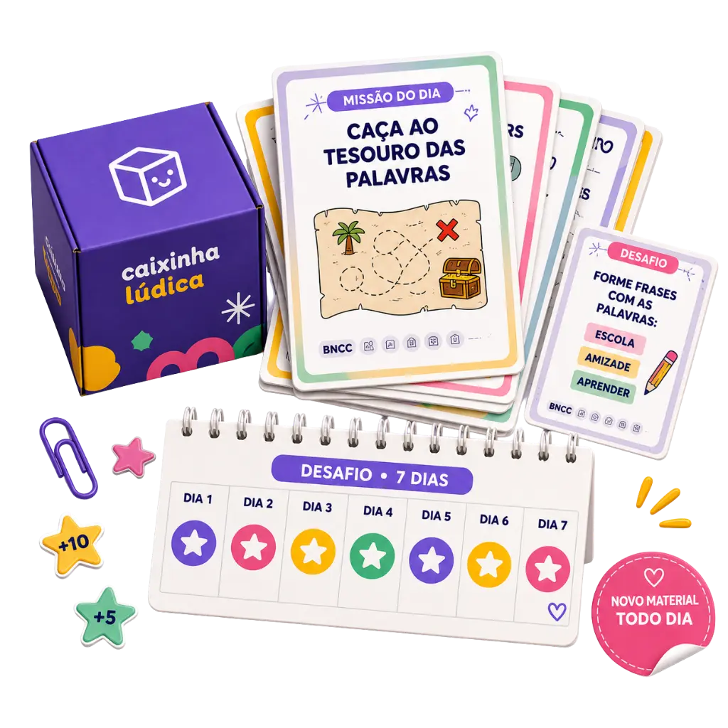 Caixa Caixinha Lúdica com cards Missão do Dia, Desafio, tracker de 7 dias e adesivos
